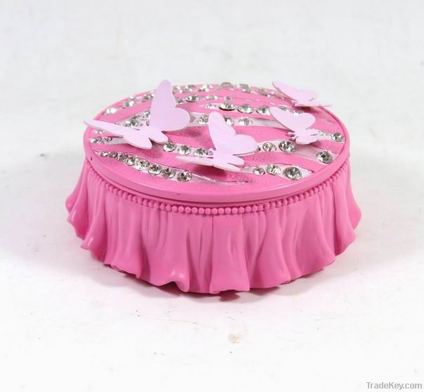 Polyresin Butterfly Jewelry Box Round, Pink Color Jewelry Case