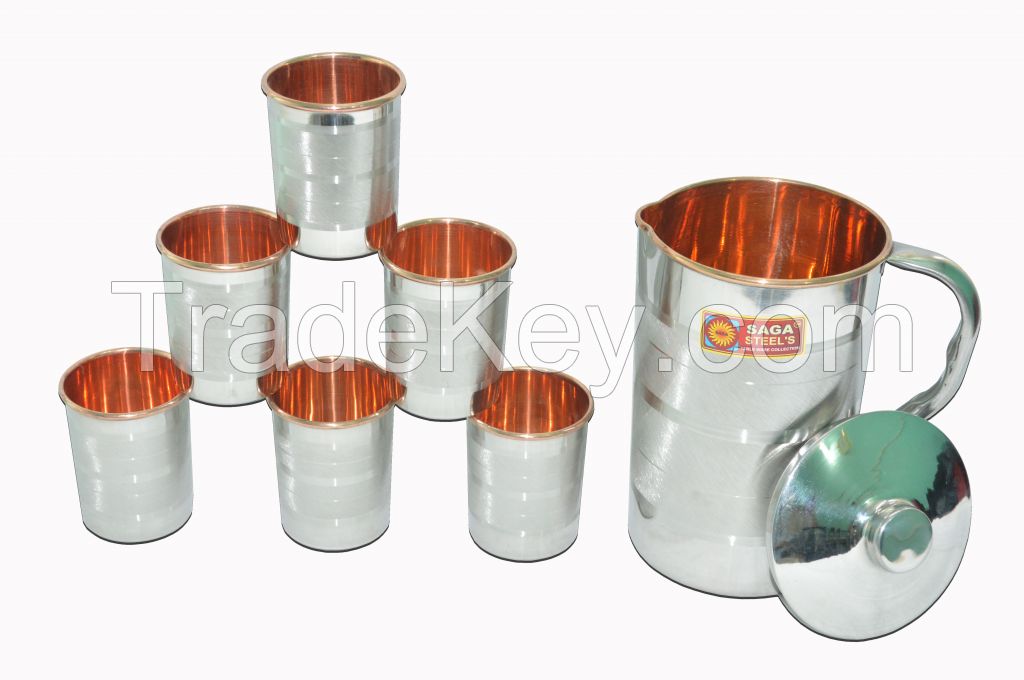   Raghav India 100% Genuine Saga Copper Steel 2 Litre Jug with 6 Copper Steel Glasses Combo Set