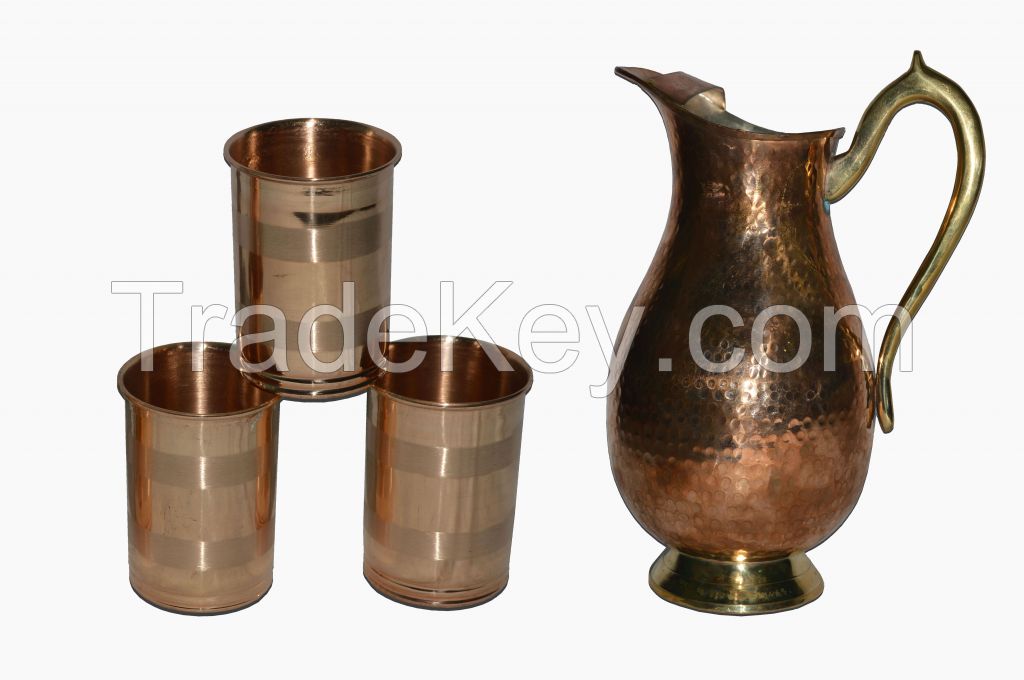  Raghav India 100% Genuine Pure Copper Mughlai Jug with hammered white finish inside + 3 Stylish Design Copper Glasses Combo Set