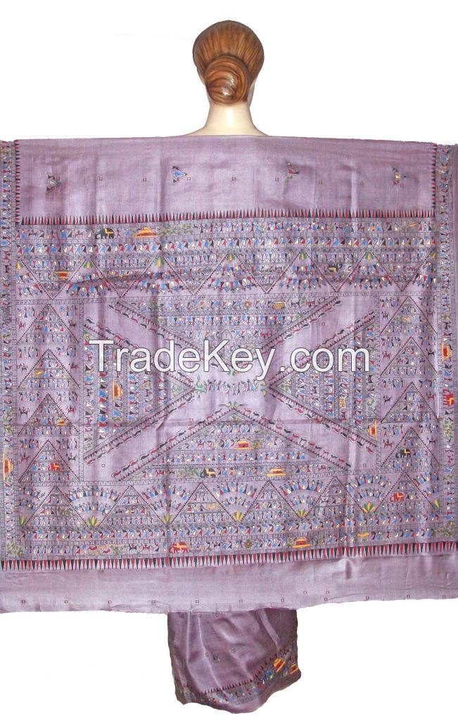 Hand Painted Tribal Art Tussar Silk Saree