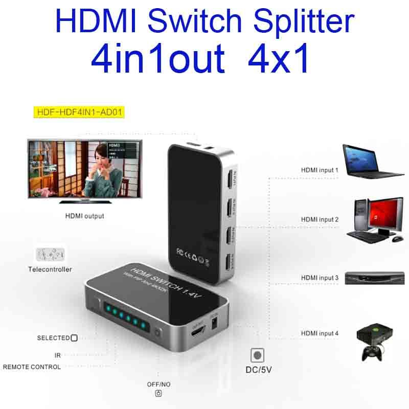 Support 3D HDMI switch splitter 4X1 1.4V 4 in input 1 out output converter extender HDMI 1.4B