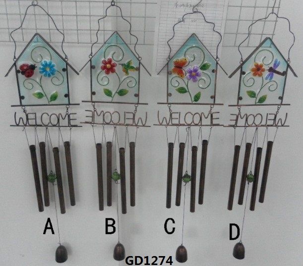 S/4 Metal/Glass Birdhouse Wind Chime With "Welcome" Signs
