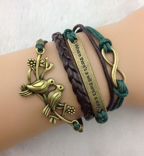 Infinity, "Where there is a will, there is a way" & Loving Birds Charm Bracelet in Bronze-Wax Cords and Leather 