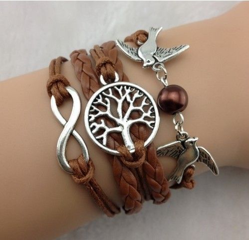 Infinity , Wish Tree & Couple bird Charm Bracelet--Antique Silver Bracelet--Wax Cords and Imitation Leather Bracelet 