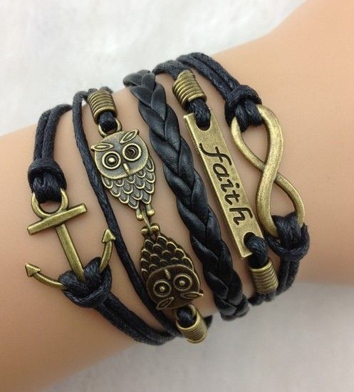 Infinity, Faith ,Anchor and Owls Charm Bracelet in Antique Bronze , Wax Cords Leather Braid Bracelet 