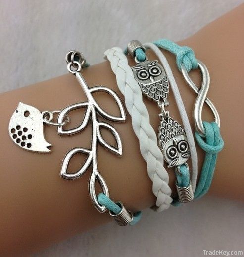 Owls & Lucky Branch/Leaf and Lovely Bird Charm Bracelet in Silver - Mi