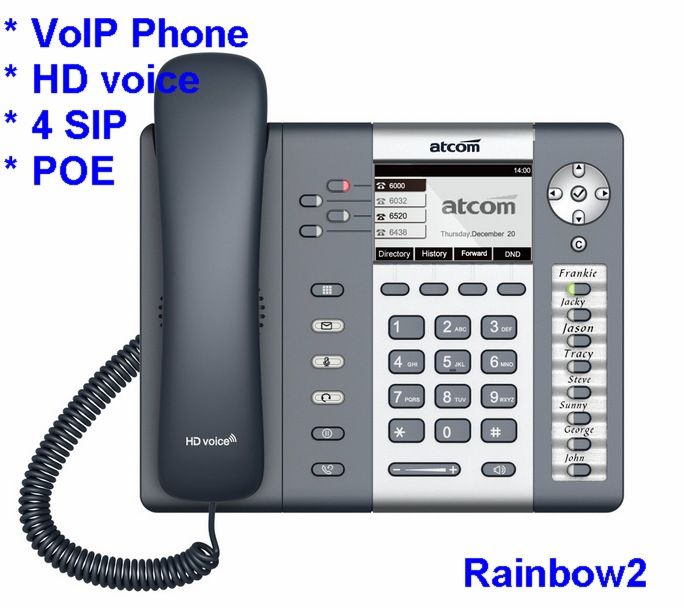 ATCOM Rainbow2 grayscale LCD 4 SIP IP phone HD voice quality validated by Elastix and Broadsoft PoE technology Optional WiFi