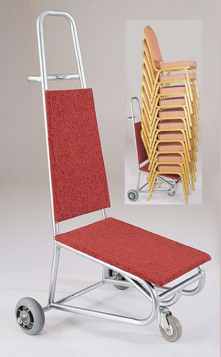 A practical removal trolley for stacks of chairs. Moves stacks of up to 10 chairs.