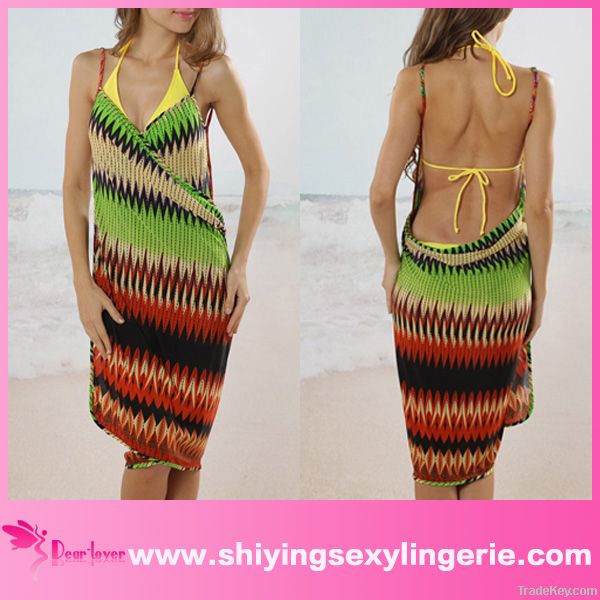 Green And Red Geometric Front Cross beach cover up dresses