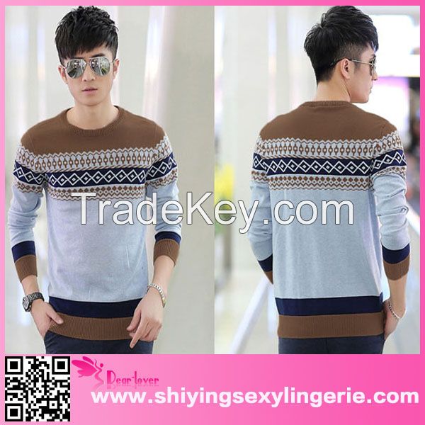 wholesale Round Neck Diamond Pattern Mens hand knitted sweater