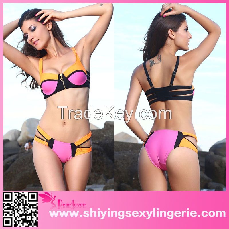 18 girls Zip Decor Color Block bikini swimwear