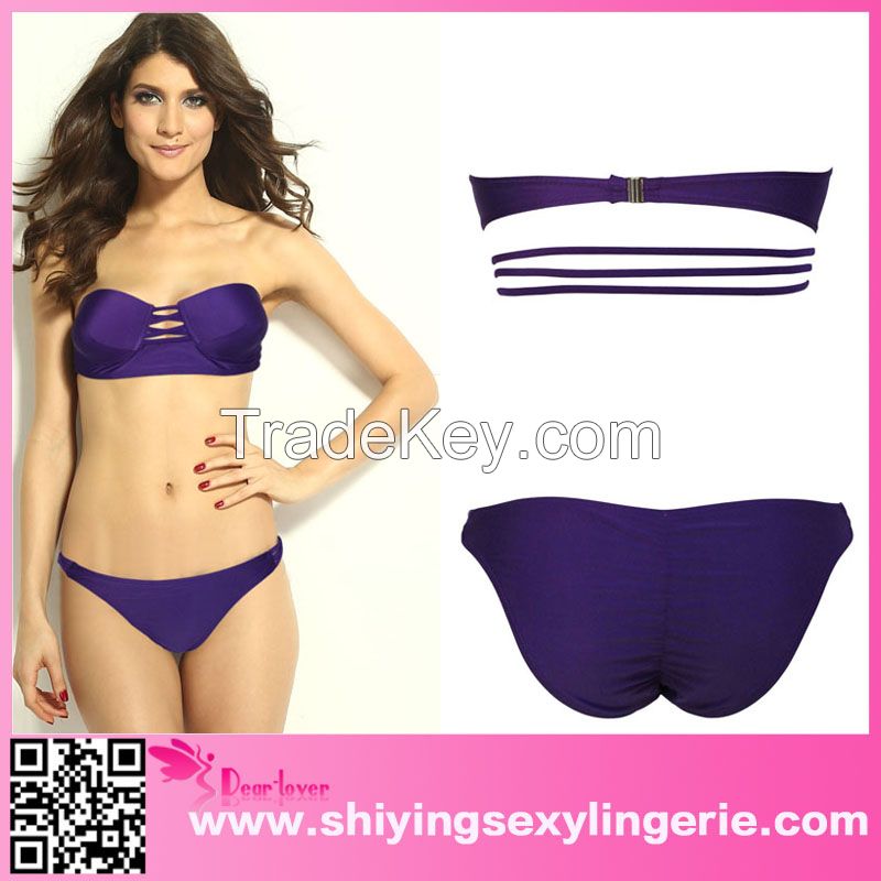 Purple Strings Hollow-out Bustier Bikini thong swimwear