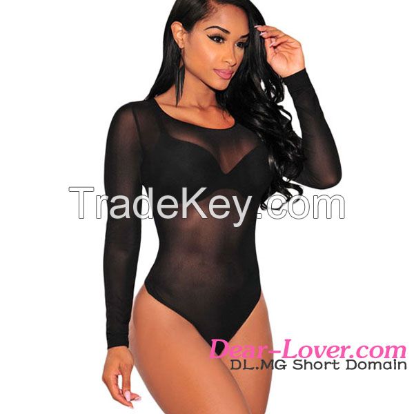 wholesale sexy long sleeve sheer mesh bodysuit lingerie set