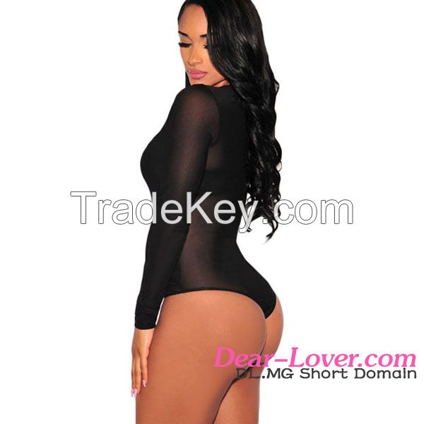 wholesale sexy long sleeve sheer mesh bodysuit lingerie set