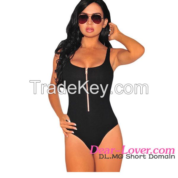 sexy women Black Ribbed Zipper Accent teddy lingerie sexkiss