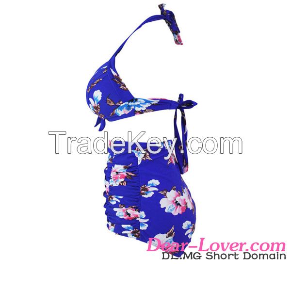 Floral Print Royal Blue High Waist bikinis woman swimwear 2016