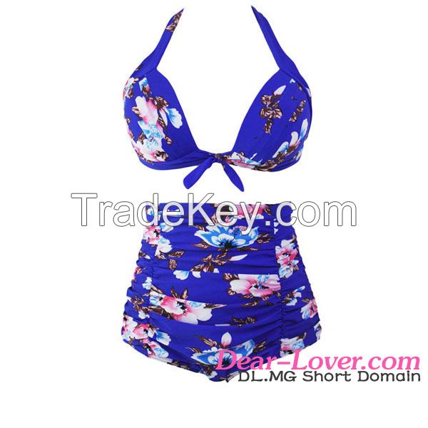 Floral Print Royal Blue High Waist bikinis woman swimwear 2016