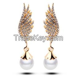 Gold Diamond Angel Wing,Pearl Earring,Eardrop