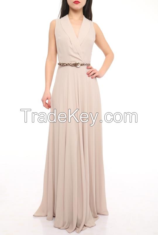 elegant long sleeveless dresses with belt made in Turkey