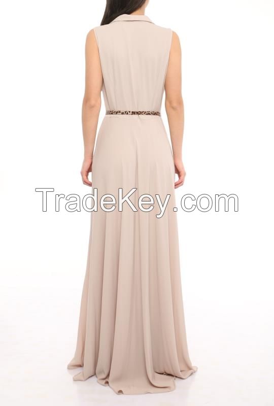 elegant long sleeveless dresses with belt made in Turkey