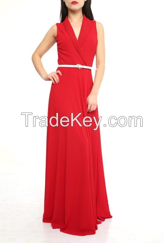 elegant long sleeveless dresses with belt made in Turkey