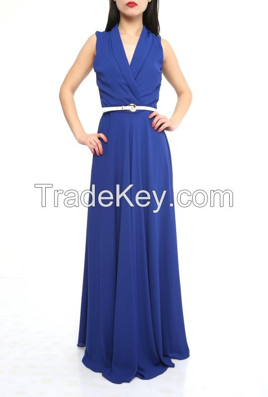 elegant long sleeveless dresses with belt made in Turkey