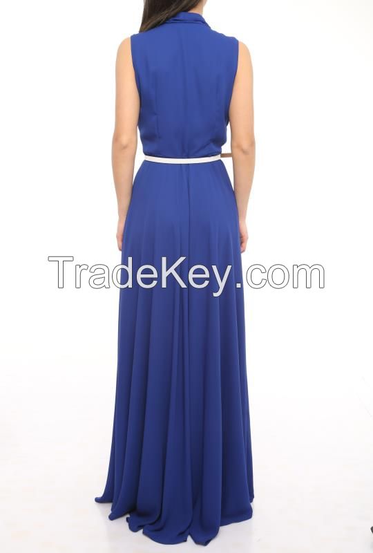 elegant long sleeveless dresses with belt made in Turkey