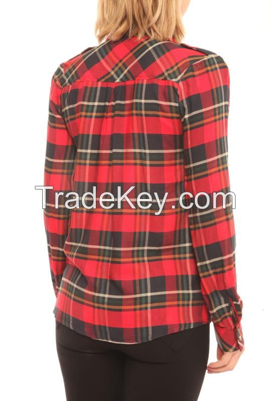 Women Casual Plaid Shirts with Beaded Pockets