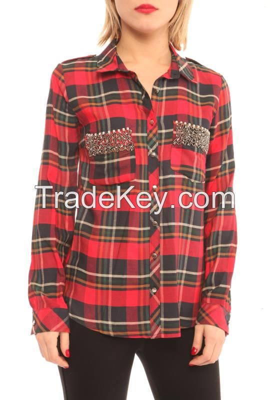 Women Casual Plaid Shirts with Beaded Pockets