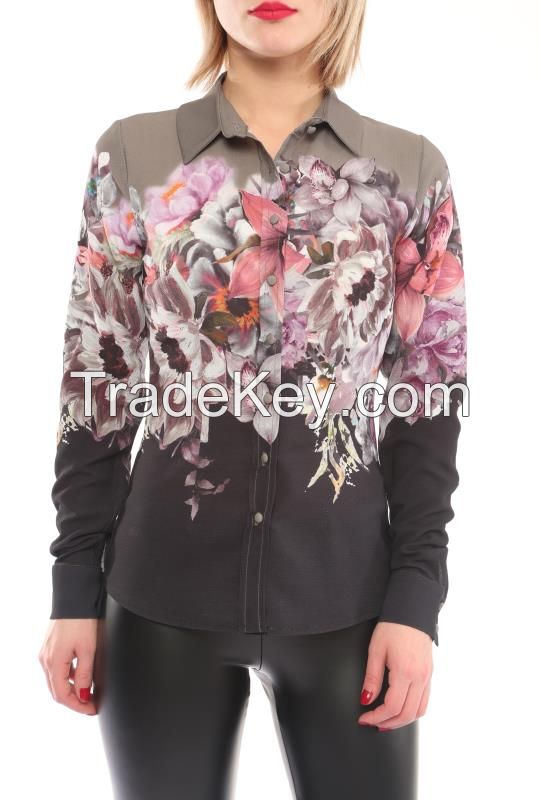 Floral Print Long Sleeve Women Shirts Made In Turkey