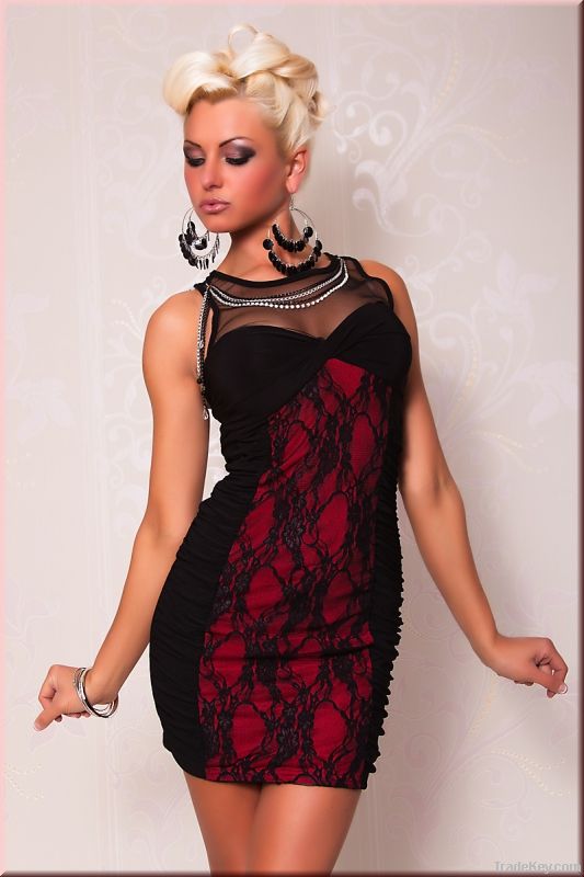 Ultra Sexy Enchating Elegant Red Black Lace Polyester Mesh round neck