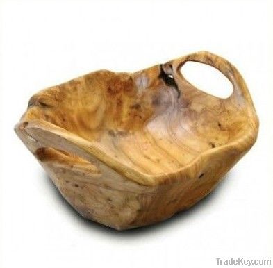 Uniquely Hand Carved Wooden Medium Flat Cut Bowl With Two Handles