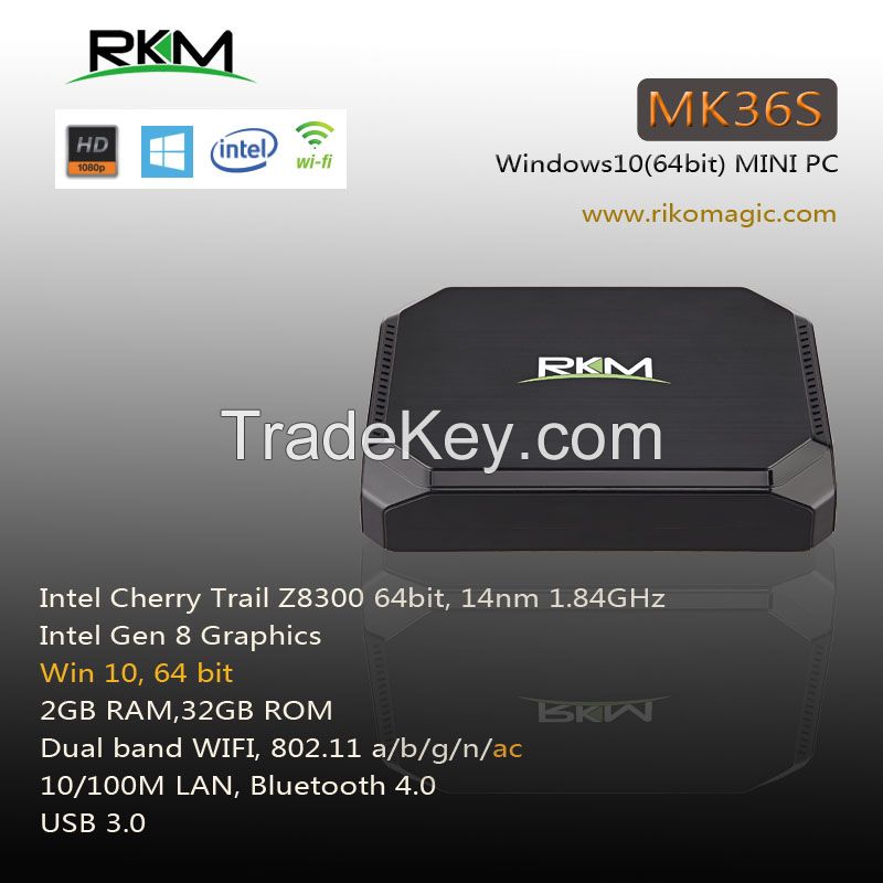 Rikomagic windows10 MINI PC equipped with intel Cherry Trail Z8300 wifi ac 2G RAM, 32G eMMC Bluetooth