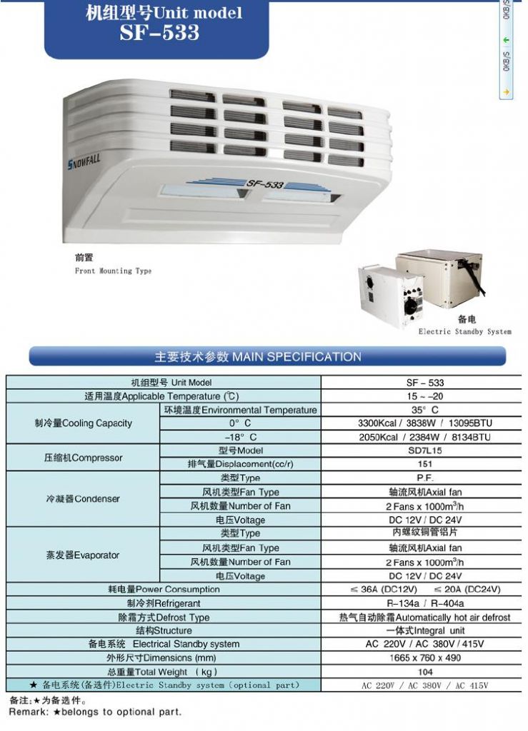 truck refrigeration unit for refrigeration truck body