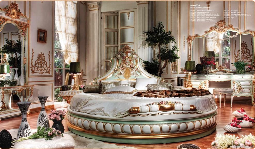 Bisini New Classical Style/Solid Wood Hand Carved Round Bed/Luxury Gol