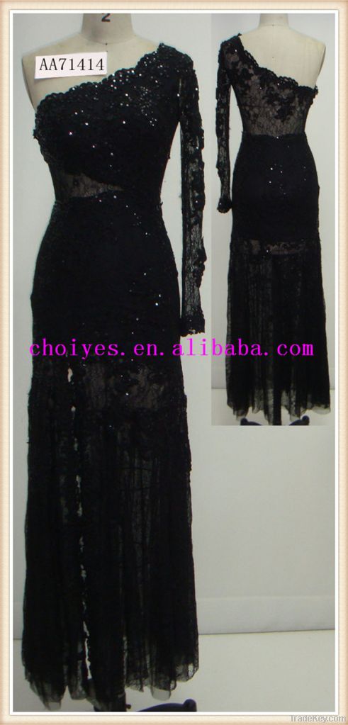 AA71414 Sexy Black Embroidered One Shoulder Long Sleeve Long evening d