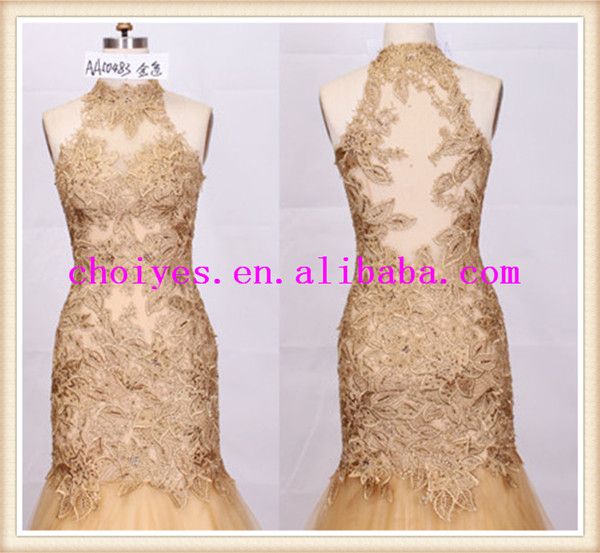 AA50483 Gold Halter Embroidered Multi Layer Mermaid Evening Dress