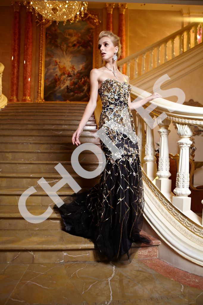 AO62076 black and gold luxury wedding bare back mermaid dress backless lace evening dresses