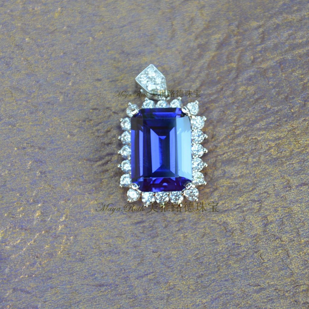 Synthetic Tanzanite Square Shape Pendant 925 Pure Silver Fashion Luxury White Gold Plated Vintage Gift