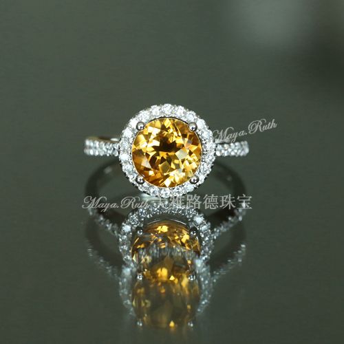 Natural Citrine Ring Crystal  Yellow Round Gem 925 Sterling Silver White Gold Plated Luxury Elegant