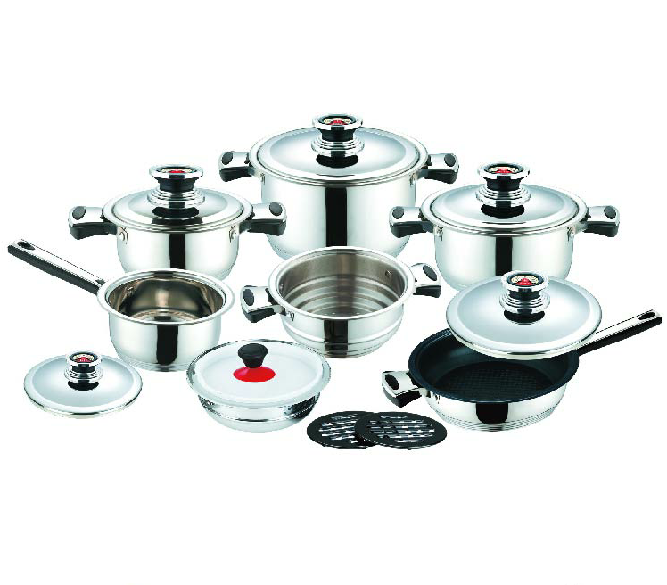 16pcs stainless steel wide edge cookware set with non-stick frypan