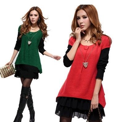 Fashion Women False Two Pieces Long Sleeve Two Tones Splicing Dress With Sweater Chain