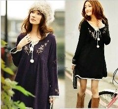 2014 Fashion Vintage Embroidery Laciness Decoration Long Sleeve Knitted One-piece Maternity Dress Clothing