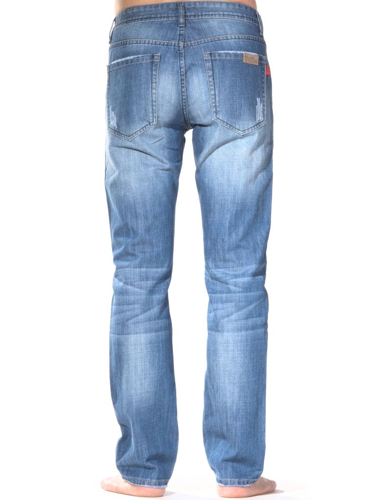 Men's 100% cotton straight leg denim jeans with destroy effect