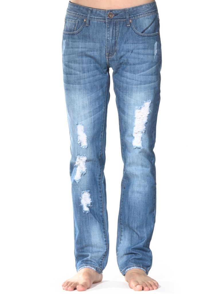 Men's 100% cotton straight leg denim jeans with destroy effect