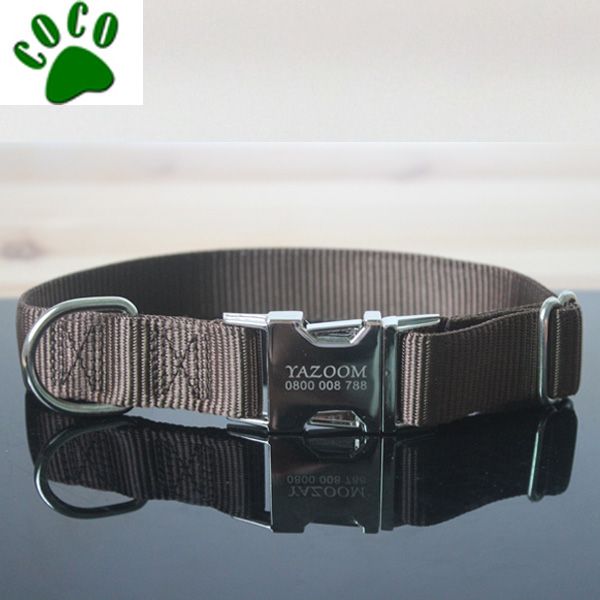 Brown Customized plain nylon dog collars with Laser Etched Personalized Buckle