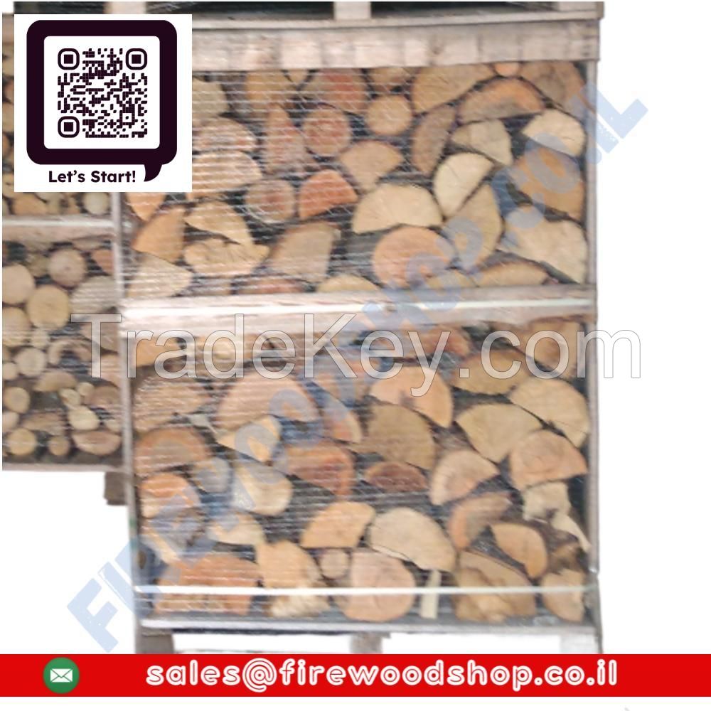 BIRCH DRIED FIREWOOD LOGS AND KINDLINGS ON PALLET BOXES ( CRATES ) , IN MESH BAGS.