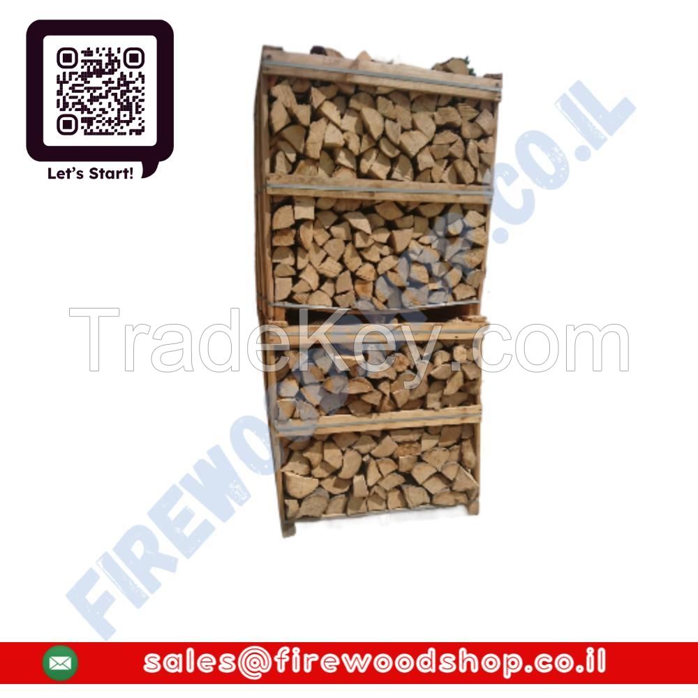 Birch Dried Firewood Logs And Kindlings On Pallet Boxes ( Crates ) , In Mesh Bags.