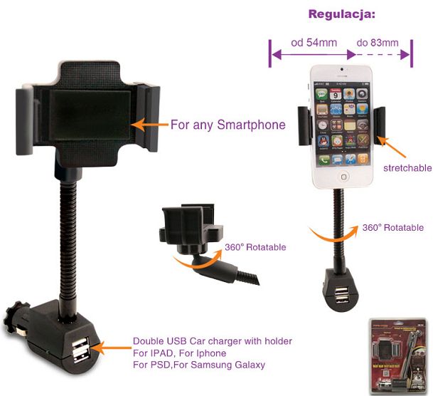 Car Charger Holder (Dual USB Ports for iPhone 5)