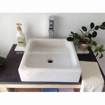 Chinese White Marble Square-shaped Bathroom Vessel Sink, Measures 400x400x130mm